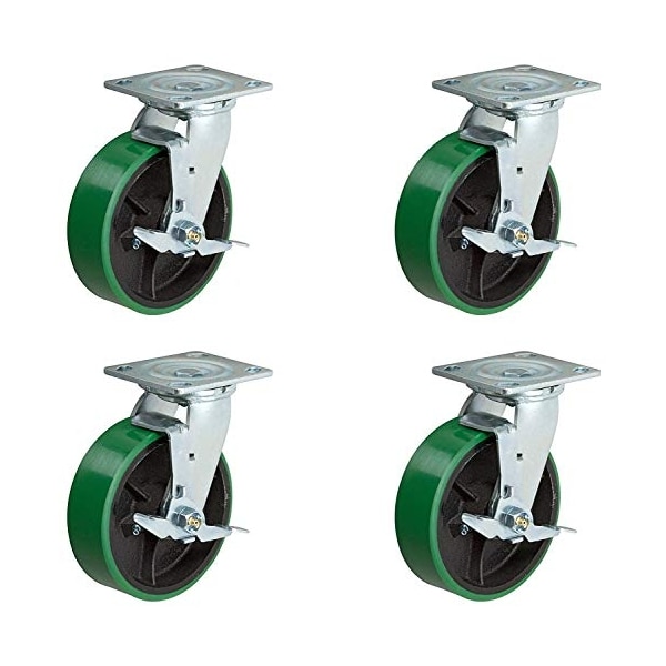 8"x2" Swivel Caster Set, Heavy Duty Green Polyurethane Wheel on Ste